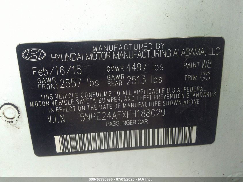 2015 HYUNDAI SONATA 2.4L SE - 5NPE24AFXFH188029