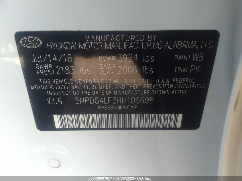 VIN 5NPD84LF3HH106698 2017 HYUNDAI ELANTRA SE