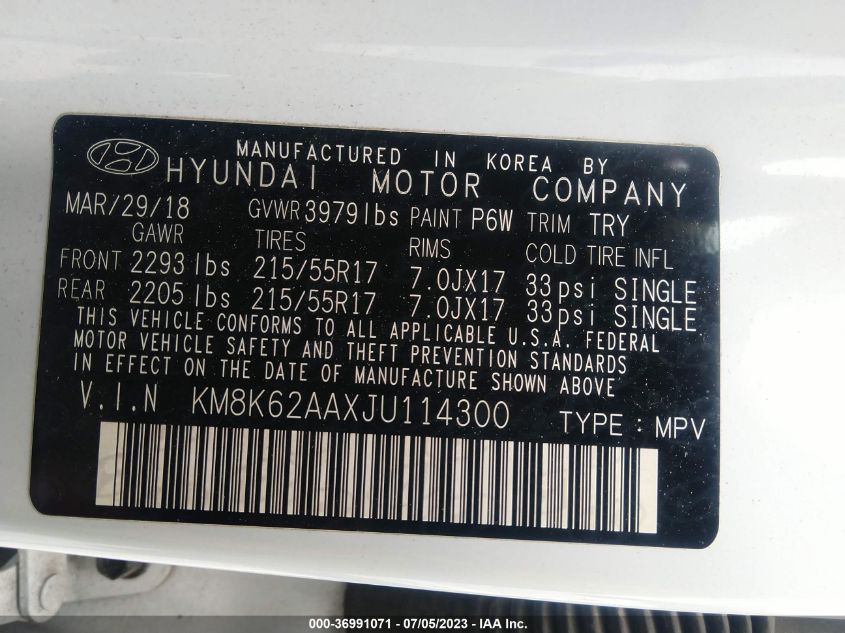 2018 HYUNDAI KONA SEL - KM8K62AAXJU114300