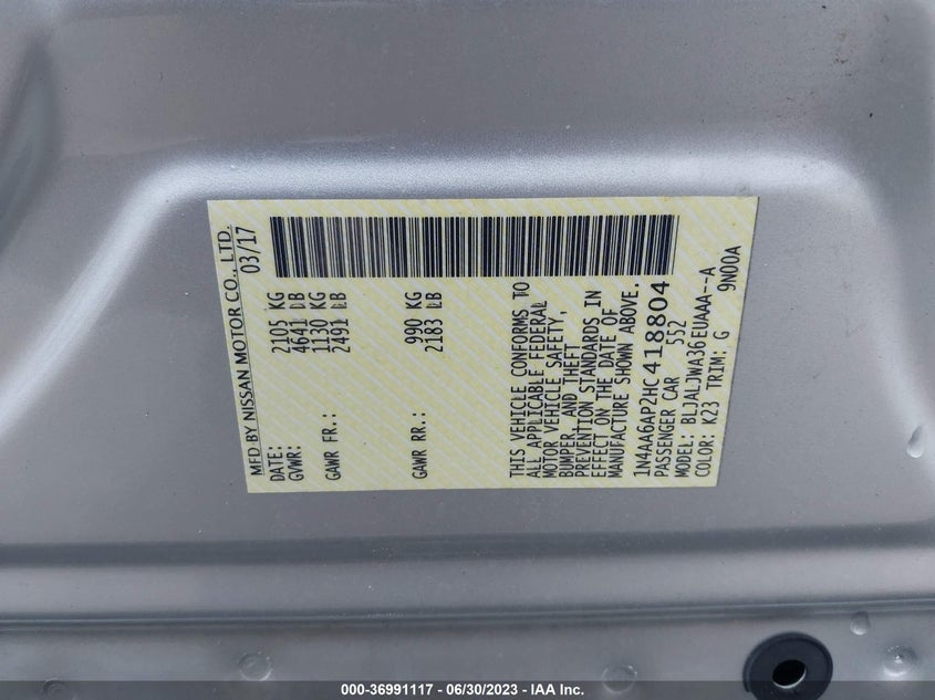 VIN 1N4AA6AP2HC418804 2017 NISSAN MAXIMA SV