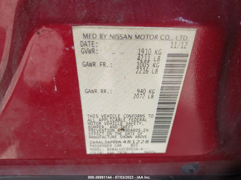 2013 NISSAN ALTIMA 2.5 SV - 1N4AL3AP0DN481228