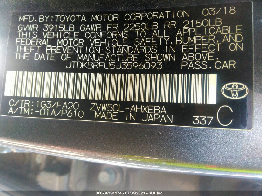 2018 TOYOTA PRIUS TWO/TWO ECO/THREE - JTDKBRFU5J3596093