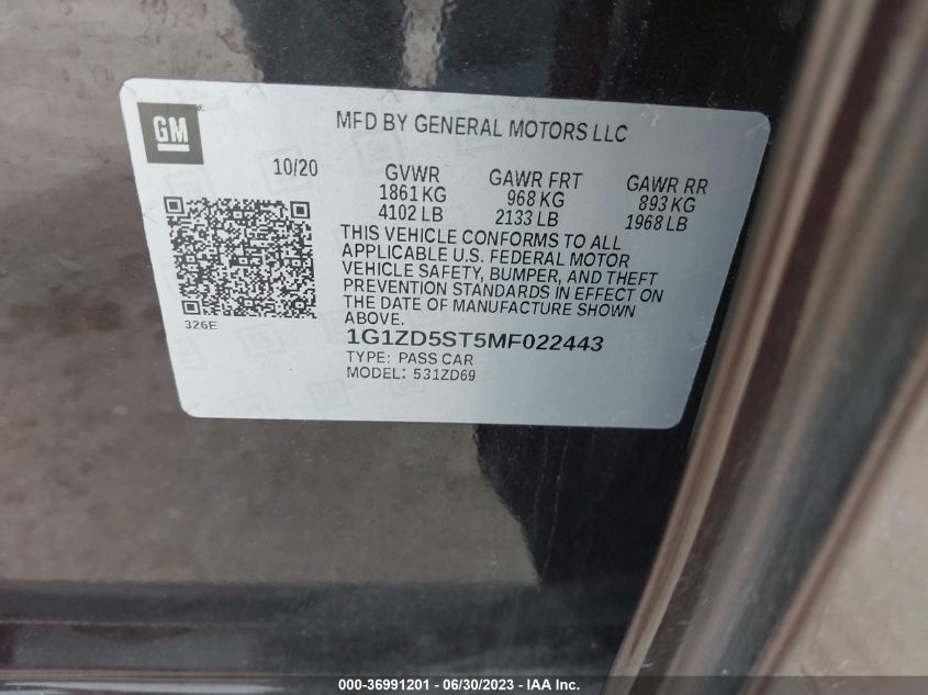 2021 CHEVROLET MALIBU LT - 1G1ZD5ST5MF022443