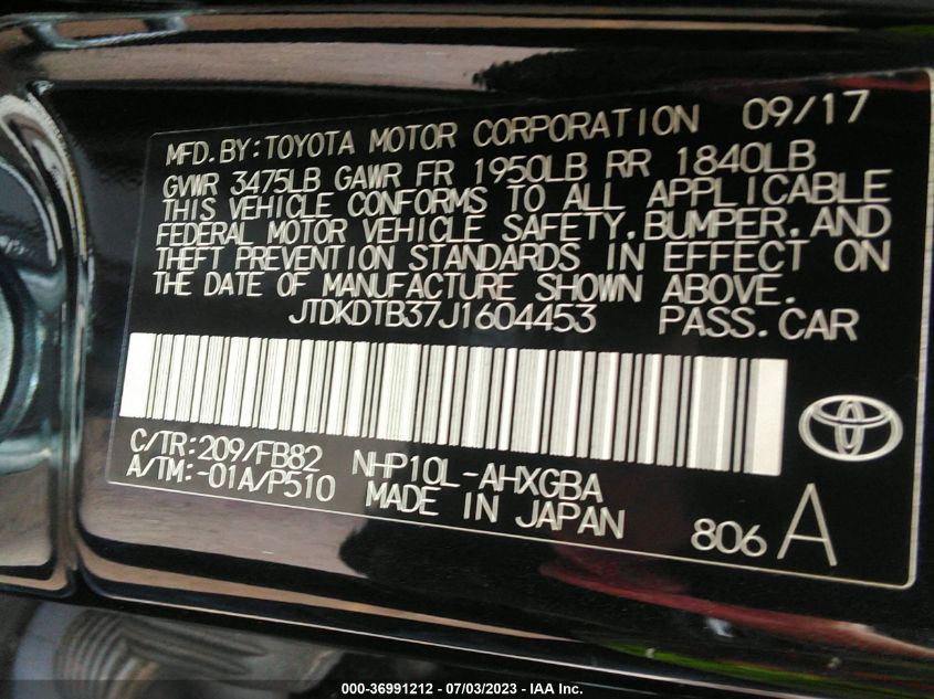 2018 TOYOTA PRIUS C ONE/TWO/THREE/FOUR - JTDKDTB37J1604453