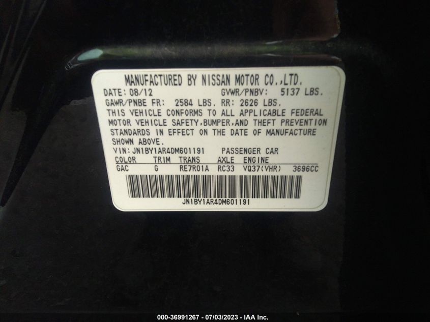 2013 INFINITI M37 JN1BY1AR4DM601191