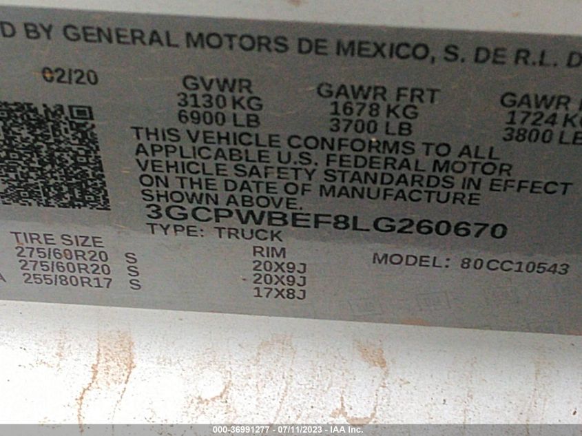 2020 CHEVROLET SILVERADO 1500 CUSTOM - 3GCPWBEF8LG260670