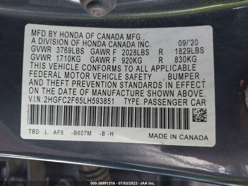 2020 HONDA CIVIC SEDAN LX - 2HGFC2F65LH593851