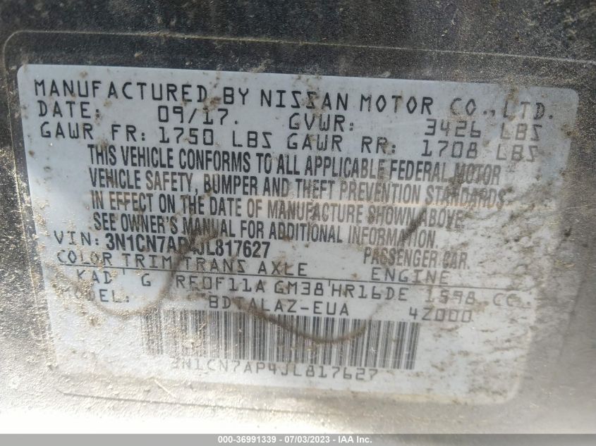 2018 NISSAN VERSA 1.6 S+ - 3N1CN7AP4JL817627