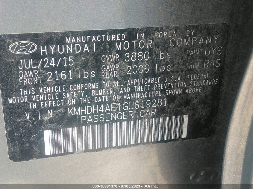2016 HYUNDAI ELANTRA SE - KMHDH4AE1GU619281