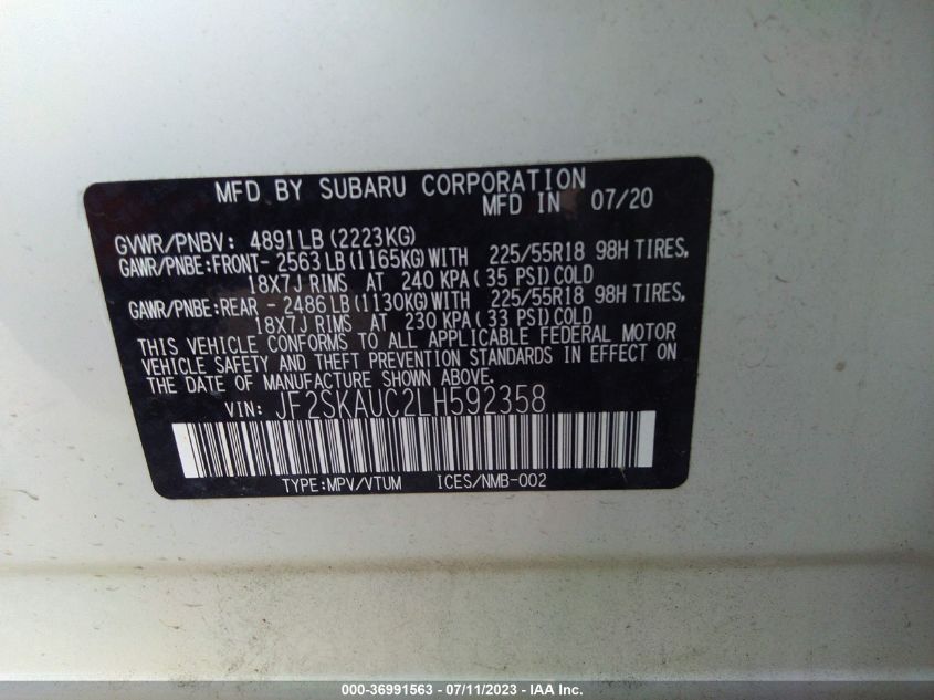 2020 SUBARU FORESTER LIMITED - JF2SKAUC2LH592358