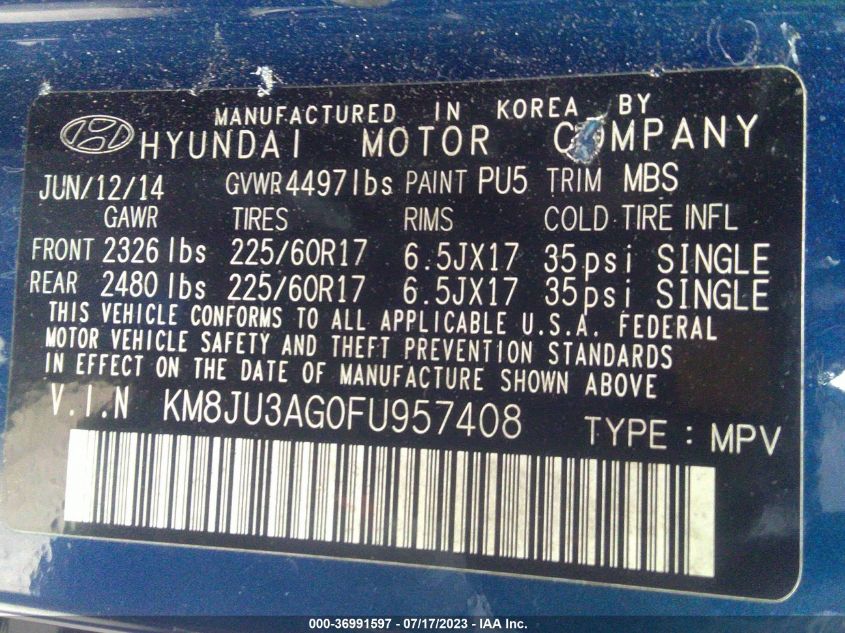 2015 HYUNDAI TUCSON SE - KM8JU3AG0FU957408