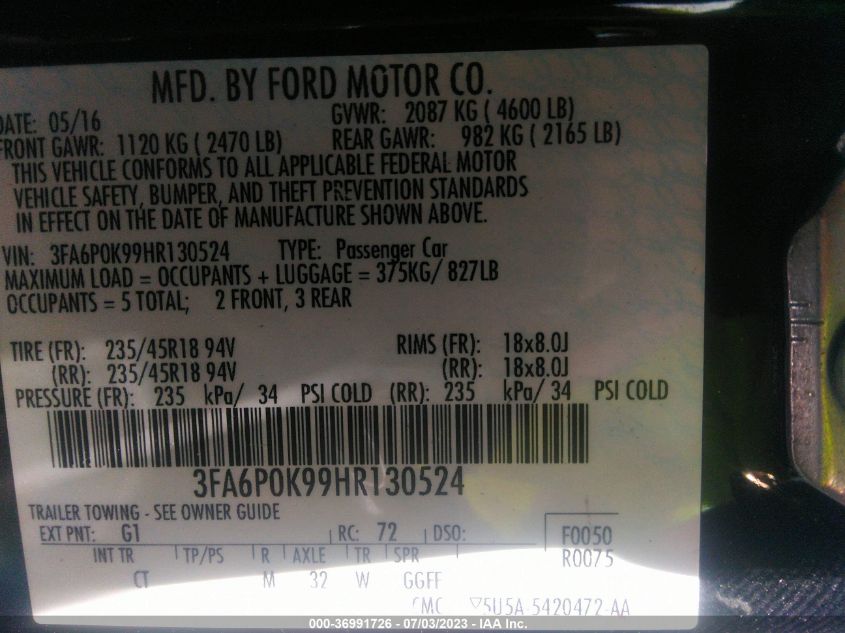 2017 FORD FUSION TITANIUM/PLATINUM - 3FA6P0K99HR130524