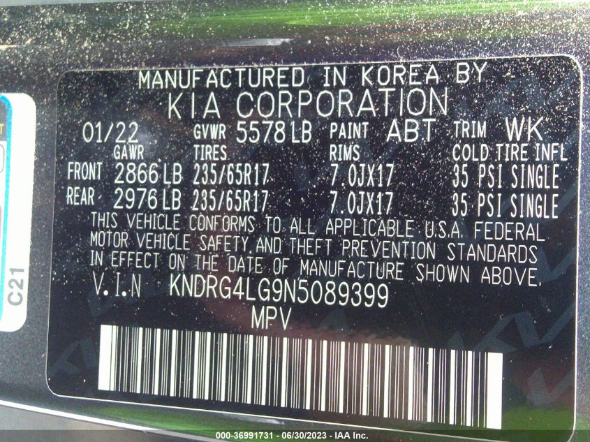 2022 KIA SORENTO HYBRID S KNDRG4LG9N5089399