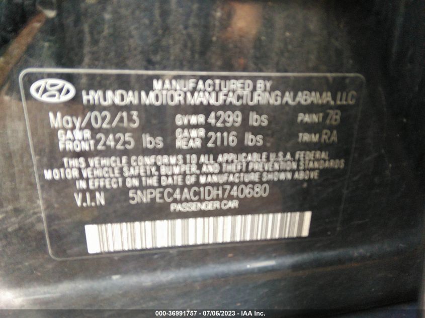 2013 HYUNDAI SONATA LIMITED PZEV - 5NPEC4AC1DH740680