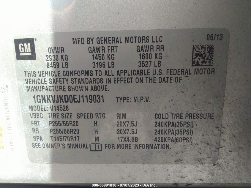 2014 CHEVROLET TRAVERSE LTZ - 1GNKVJKD0EJ119031