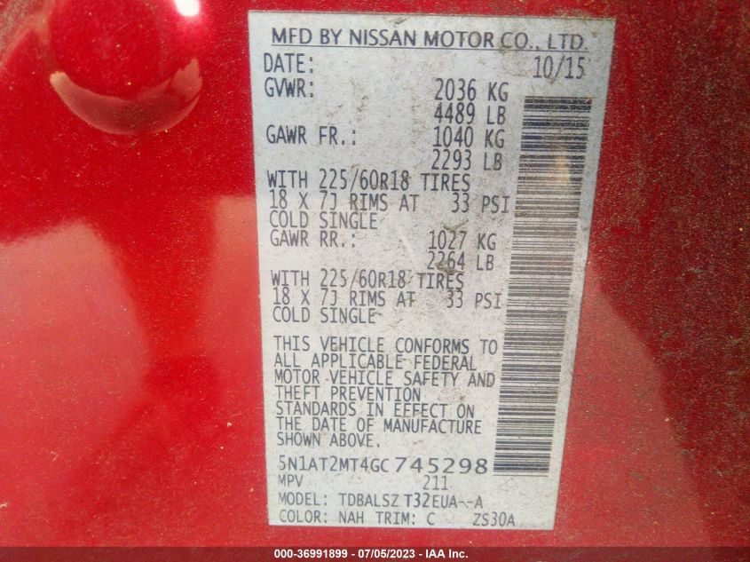 2016 NISSAN ROGUE SL - 5N1AT2MT4GC745298