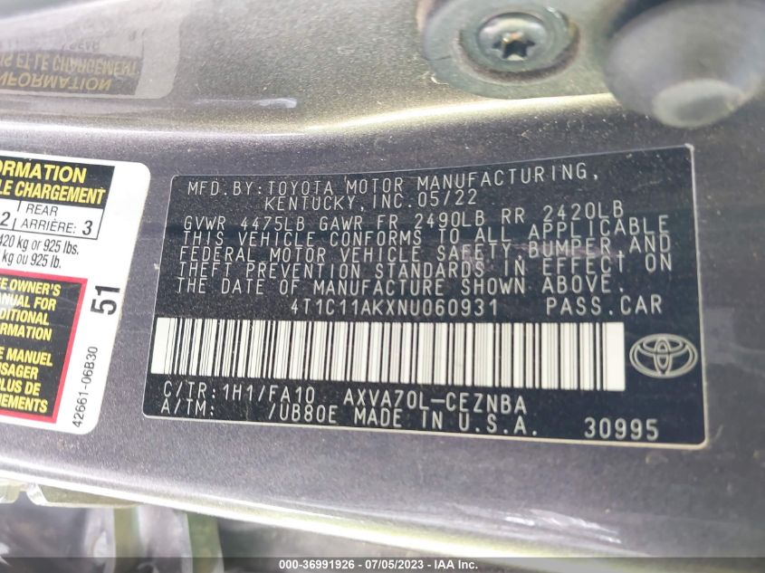 2022 TOYOTA CAMRY LE - 4T1C11AKXNU060931