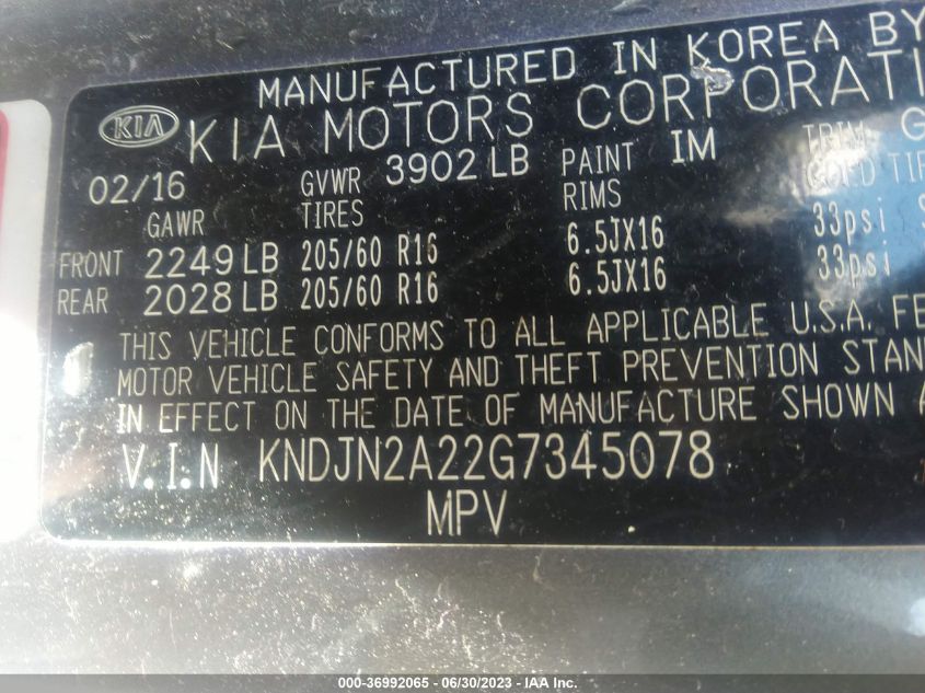 2016 KIA SOUL BASE - KNDJN2A22G7345078