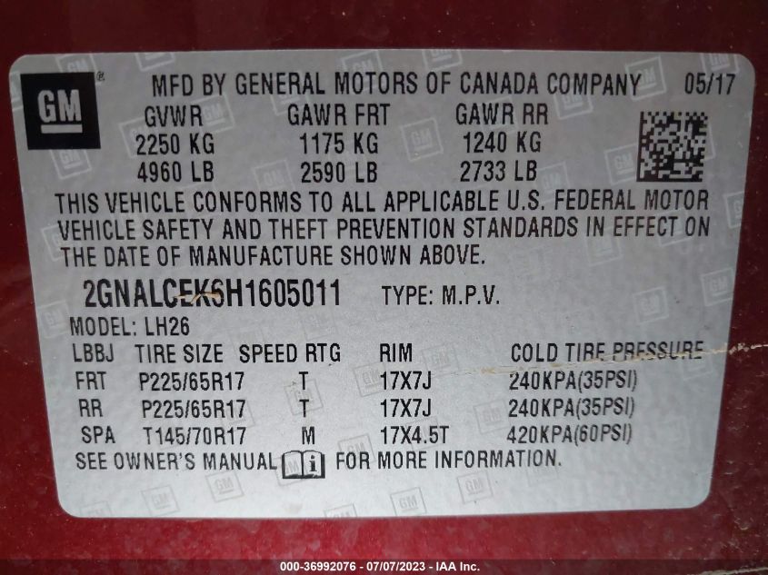2017 CHEVROLET EQUINOX LT - 2GNALCEK6H1605011