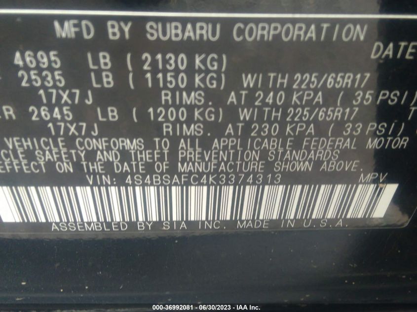 2019 SUBARU OUTBACK PREMIUM - 4S4BSAFC4K3374313