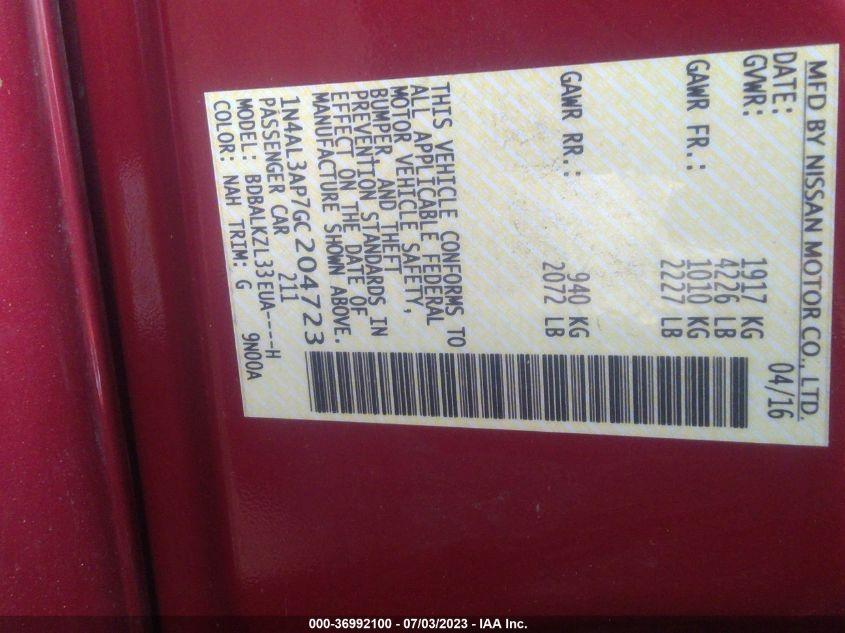 2016 NISSAN ALTIMA 2.5 SV - 1N4AL3AP7GC204723