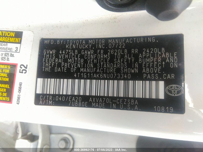 2022 TOYOTA CAMRY SE - 4T1G11AK6NU073340