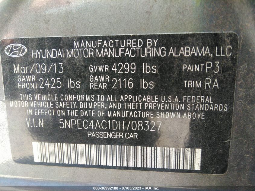 2013 HYUNDAI SONATA LIMITED PZEV - 5NPEC4AC1DH708327