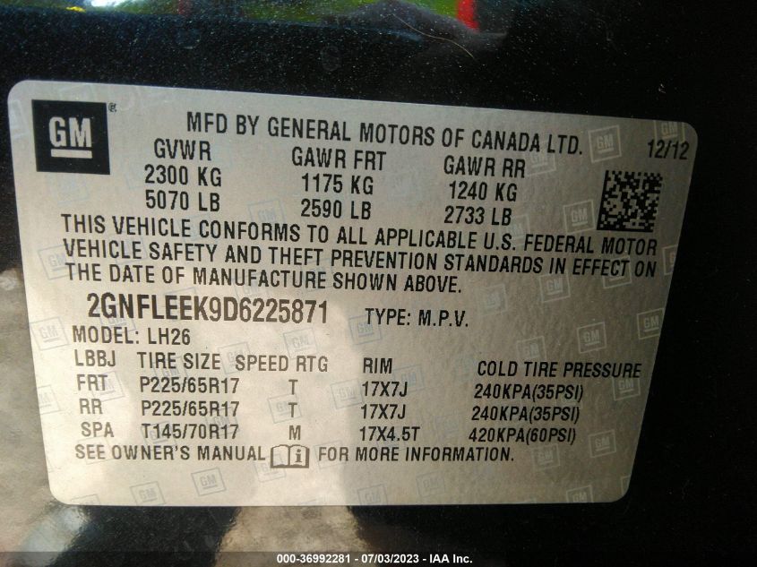2013 CHEVROLET EQUINOX LT - 2GNFLEEK9D6225871
