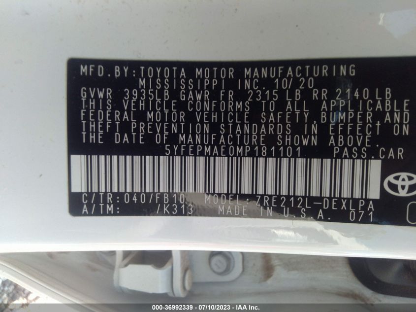 2021 TOYOTA COROLLA LE - 5YFEPMAE0MP181101