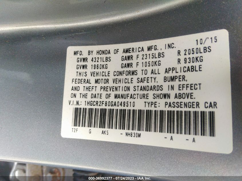2016 HONDA ACCORD SEDAN EX-L - 1HGCR2F80GA049510