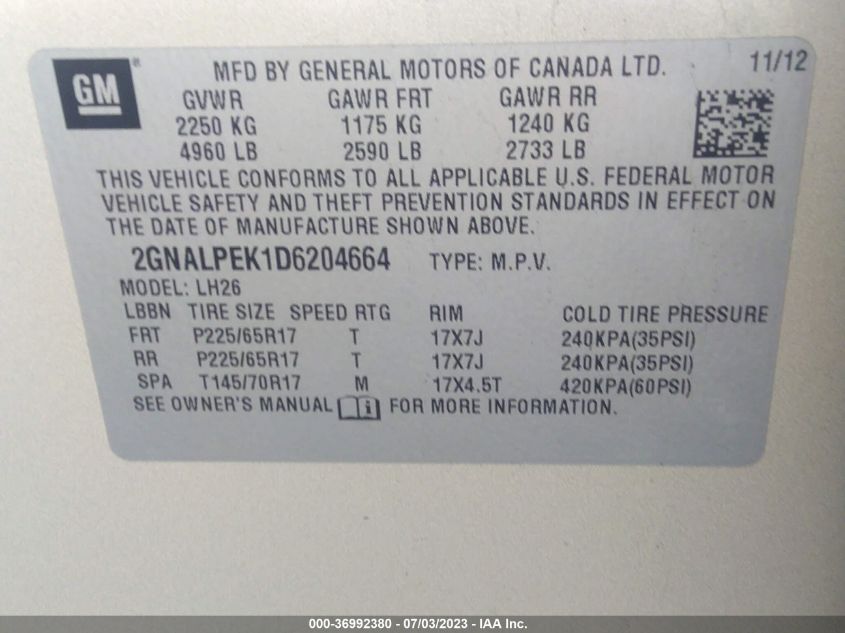 2013 CHEVROLET EQUINOX LT - 2GNALPEK1D6204664