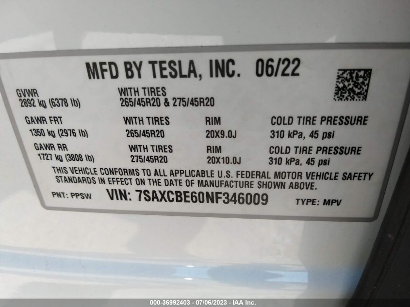 2022 TESLA MODEL X PLAID - 7SAXCBE60NF346009