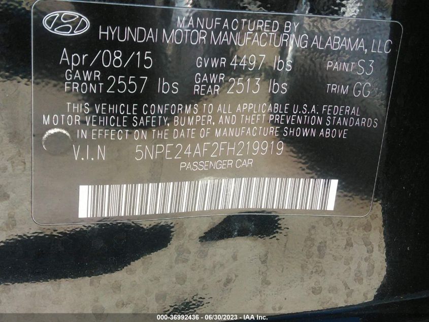 2015 HYUNDAI SONATA 2.4L SE - 5NPE24AF2FH219919