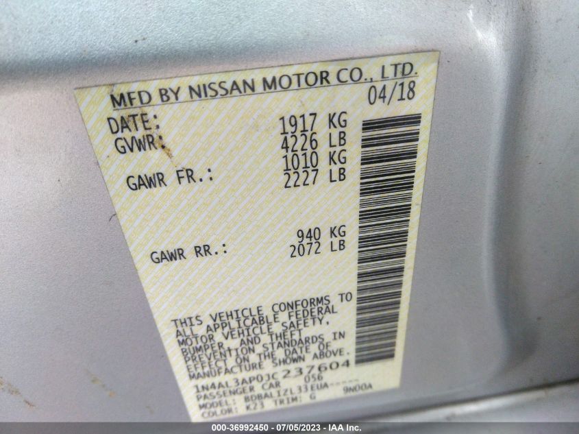 2018 NISSAN ALTIMA 2.5 SV - 1N4AL3AP0JC237604