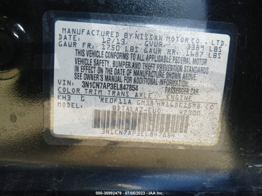 2014 NISSAN VERSA S PLUS - 3N1CN7AP3EL847854