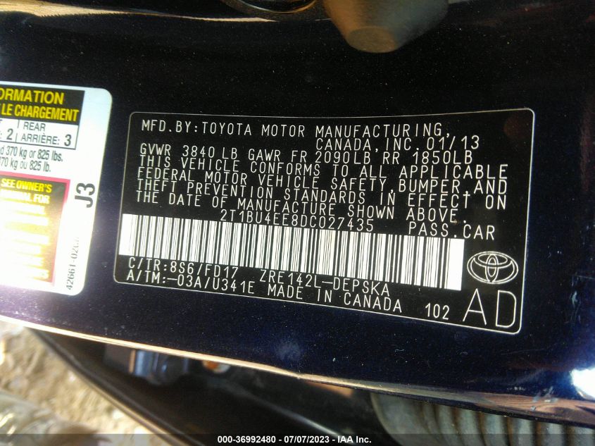 2013 TOYOTA COROLLA L/LE/S - 2T1BU4EE8DC027435