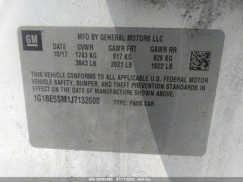 Auction sale of the 2018 Chevrolet Cruze , vin: 1G1BE5SM1J7132600, lot number: 36992495