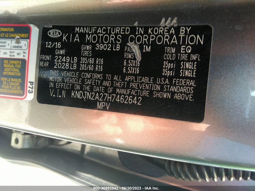 2017 KIA SOUL BASE - KNDJN2A27H7462642