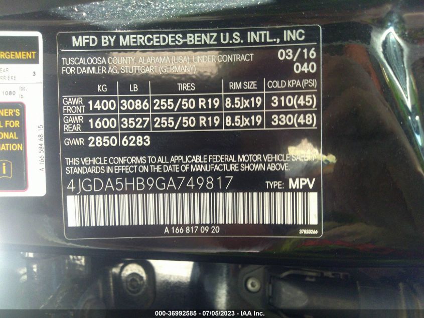 2016 MERCEDES-BENZ GLE GLE 350 - 4JGDA5HB9GA749817