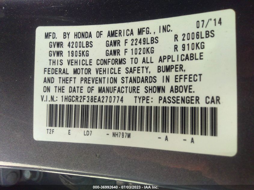 2014 HONDA ACCORD SEDAN LX - 1HGCR2F38EA270774