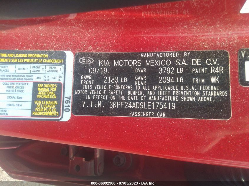 3KPF24AD9LE175419 Kia Forte LXS 9