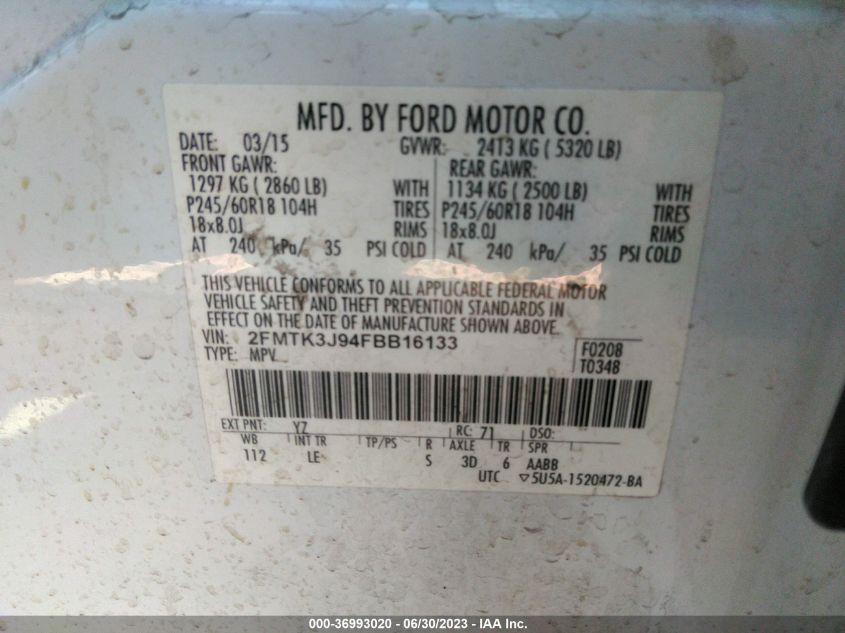 2FMTK3J94FBB16133 2015 FORD EDGE, photo no. 9