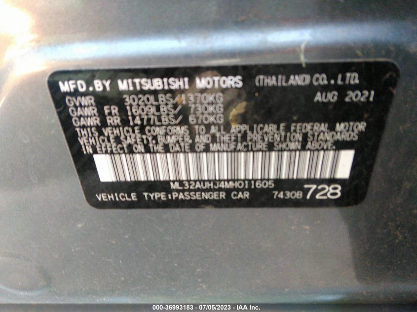 2021 MITSUBISHI MIRAGE ES/LE/CARBONITE EDITION ML32AUHJ4MH011605