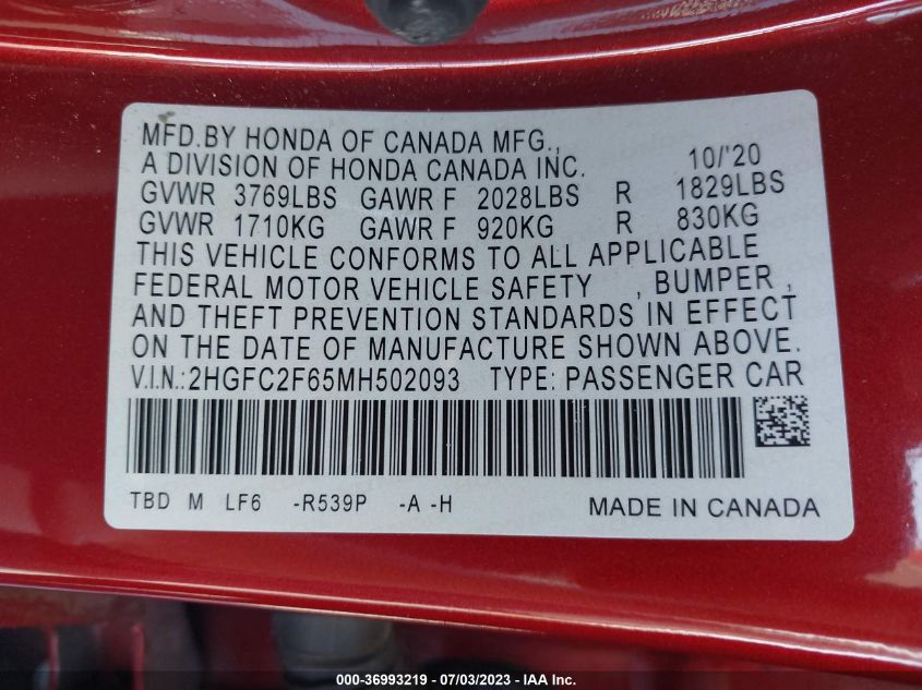 2021 HONDA CIVIC SEDAN LX - 2HGFC2F65MH502093