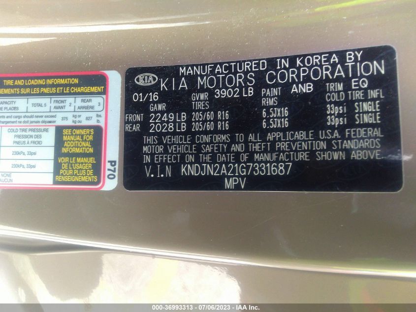 2016 KIA SOUL BASE - KNDJN2A21G7331687