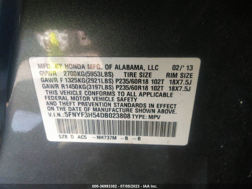 2013 HONDA PILOT EX-L - 5FNYF3H54DB023808