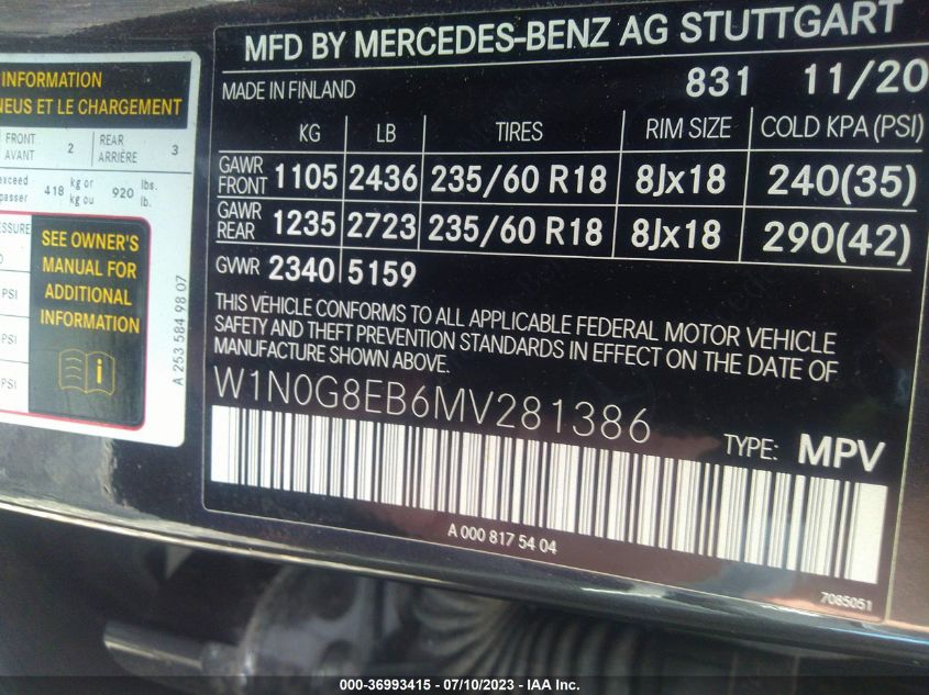 2021 MERCEDES-BENZ GLC GLC 300 - W1N0G8EB6MV281386
