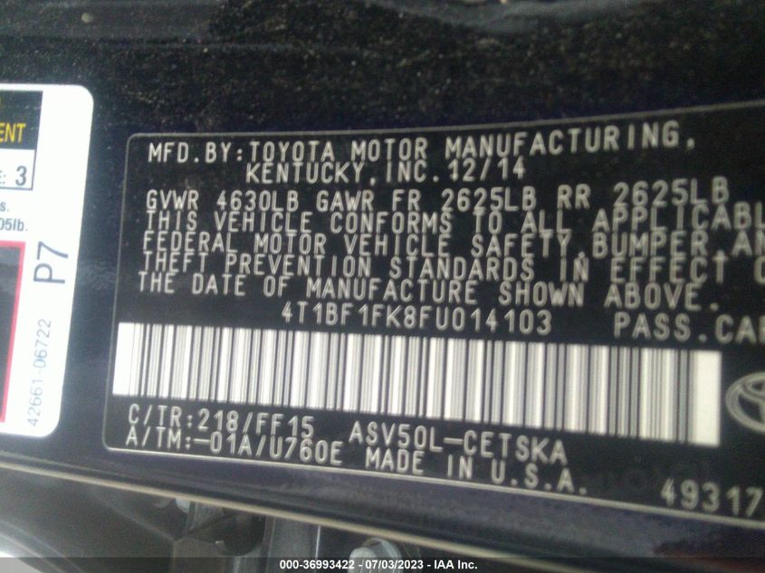 2015 TOYOTA CAMRY XLE/SE/LE/XSE - 4T1BF1FK8FU014103