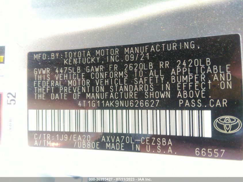 2022 TOYOTA CAMRY SE - 4T1G11AK9NU626627