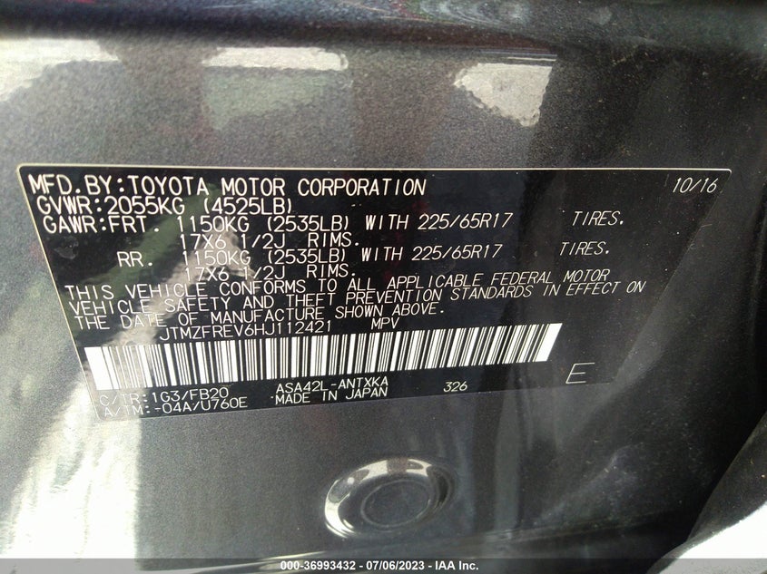 VIN JTMZFREV6HJ112421 2017 TOYOTA RAV4 LE